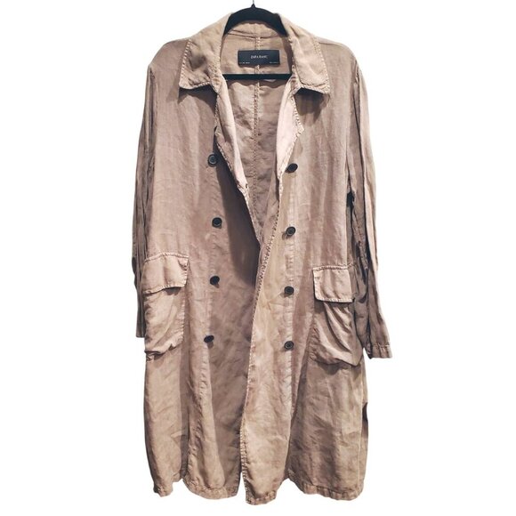 ZARA Euro Limited Edition Taupe Khaki Double Breasted Linen Trench Coat L - Picture 3 of 14